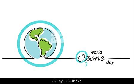 Welt Ozon Tag Vektor Hintergrund. Einfache einzeilige Kunst Planet . Minimalistisches Webbanner, Poster, Illustration. Eine fortlaufende Linienzeichnung mit Text Stock Vektor