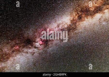 Die Milchstraße, wie sie Mitte August fast direkt von der nördlichen Hemimimialle aus gesehen wurde. Prominent zu sehen ist der nordamerikanische Nebel. Stockfoto