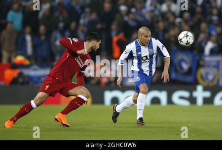 Maximiliano Pereira vom FC Porto wird zum Emre Can von Liverpool während der Champions League Runde von 16, 2. Beinspiel im Anfield Stadium, Liverpool. Bilddatum: 6. März 2018. Bildnachweis sollte lauten: Simon Bellis/Sportimage via PA Images Stockfoto