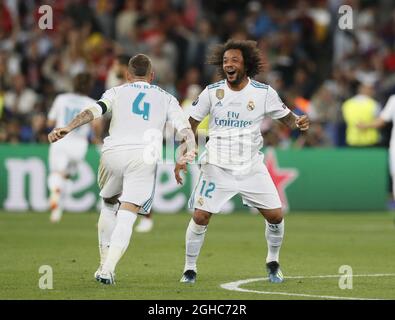 Marcelo von Real Madrid feiert mit Sergio Ramos von Real Madrid während des UEFA Champions League Finales im NSK Olimpiyskiy Stadium, Kiew. Bild Datum 26. Mai 2018. Bildnachweis sollte lauten: David Klein/Sportimage via PA Images Stockfoto