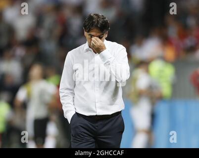 Zlatco Dalic-Manager von Kroatien sieht während des Halbfinalmatches der FIFA-Weltmeisterschaft 2018 im Luzhniki-Stadion in Moskau besorgt aus. Bild Datum 11. Juli 2018. Bildnachweis sollte lauten: David Klein/Sportimage via PA Images Stockfoto