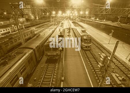 Züge auf den Gleisen des Bahnhofs einer großen europäischen Stadt. Stockfoto