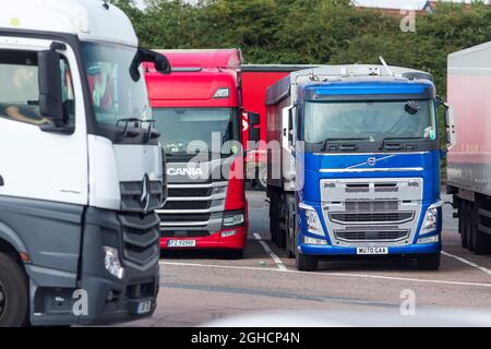 LKWs, LKWs und LKWs auf der Autobahn M1 an der Tankstelle Leicester Forest. Stockfoto