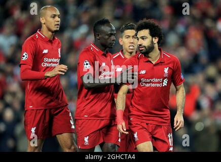 Mohamed Salah aus Liverpool feiert das dritte Tor seines Teams während des UEFA Champions League-Spiels im Anfield Stadium, Liverpool. Bild Datum 24. Oktober 2018. Bildnachweis sollte lauten: Matt McNulty/Sportimage Stockfoto