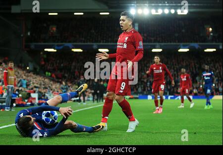 Roberto Firmino von Liverpool reagiert während des Spiels der UEFA Champions League im Anfield Stadium in Liverpool. Bild Datum 24. Oktober 2018. Bildnachweis sollte lauten: Matt McNulty/Sportimage via PA Images Stockfoto
