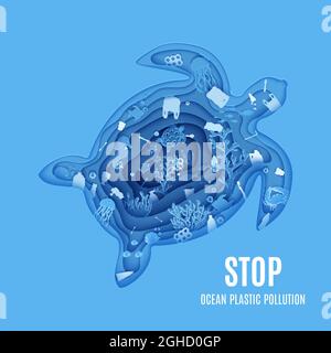 Silhouette einer aus Papier geschnittenen Schildkröte und Banner zur Meeresverschmutzung. Basteln Sie unter Wasser eine tiefe Höhle mit Plastikmüll. Kartoniert im marinen Stil Stock Vektor