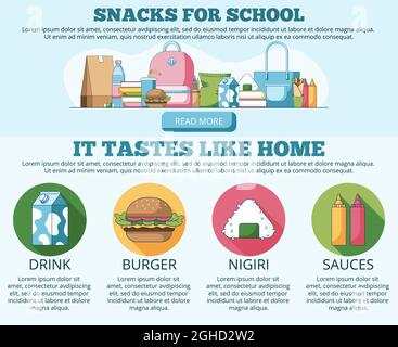 Vektor Illustration von Snacks für die Schule Website Banner und Landing Page Stock Vektor
