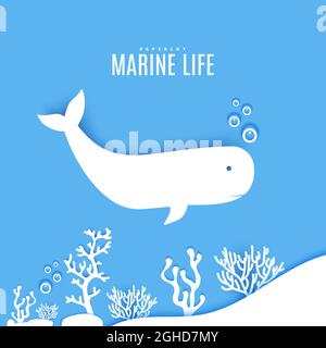 Pottwal unter Wasser im Papierschnitt-Stil. Papercut 3d-Element marine Leben unter Meer Algen und Korallen. Vector ökologisches Konzept. Bastelkarton Stock Vektor
