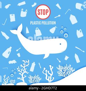 Der Plastikmüll aus Delfin unter dem Meer schwimmt in Papierform herum. Poster Design Vorlage stoppen Meer Plastikverschmutzung. Vector ökologisches Konzept Stock Vektor