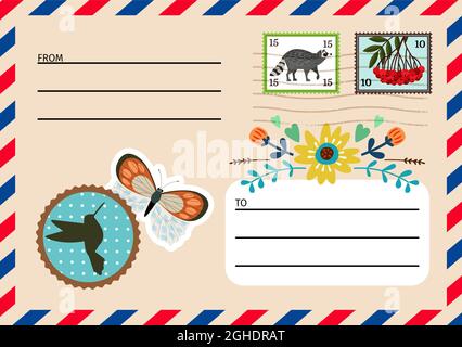 Farbenfroher avia Retro-Umschlag mit Briefmarken, Aufklebern Stock Vektor