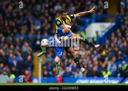 Jorginha von Chelsea kämpft während des Spiels der Premier League in Stamford Bridge, London, um den Besitz mit Troy Deeney von Watford. Bilddatum: 5. Mai 2019. Bildnachweis sollte lauten: Craig Mercer/Sportimage via PA Images Stockfoto