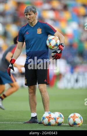 Spanien U21 Torwarttrainer Miguel Angel Espana während des UEFA U-21-Meisterschaftsspiel im Stadio Friuli. Bilddatum: 30. Juni 2019. Bildnachweis sollte lauten: Jonathan Moscrop/Sportimage via PA Images Stockfoto