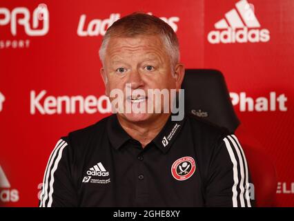 Chris Wilder, Manager von Sheffield Utd, spricht während der Pressekonferenz in der Steelphalt Academy, Sheffield. Bilddatum: 8. August 2019. Bildnachweis sollte lauten: Simon Bellis/Sportimage Stockfoto