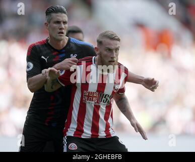 Oli McBurnie von Sheffield Utd beim Premier League-Spiel in der Bramall Lane, Sheffield. Bilddatum: 18. August 2019. Bildnachweis sollte lauten: Simon Bellis/Sportimage Stockfoto