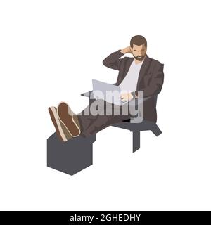 Ein junger Mann mit einem Laptop und einem Rucksack sitzt auf dem Boden. Flache Cartoon-Illustration. Stock Vektor