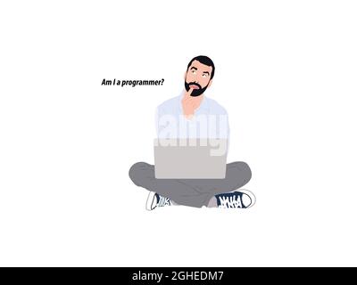 Junger Mann mit Laptop, Programmierer isoliert auf weißem Hintergrund. Flache Cartoon-Vektordarstellung. Stock Vektor