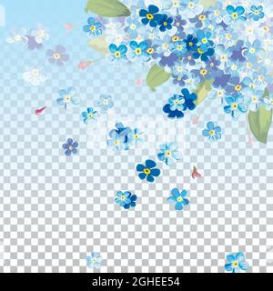 Vektorhintergrund mit blauer Frühlingsblume. Blaue Blume im Frühling mit fallenden Blütenblättern und teilweise transparentem Hintergrund Stock Vektor