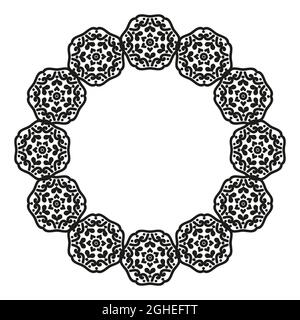 Abstraktes Design mit Mandalas. Rundes Ornament. Blumenrahmen. Schwarz und Weiß. Arabesque zur Dekoration von Karten und Einladungen. Stock Vektor