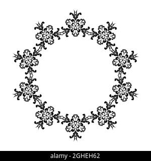 Kranz mit ausgefallenen Blumen. Ornament mit Locken im Damaskus-Stil. Schwarz und Weiß. Arabesque zur Dekoration von Karten und Einladungen. Stock Vektor