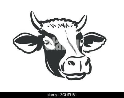 Logo des Kuhkopfes. Milchviehbetrieb, frische Milch, Rindfleisch-Symbol. Bauernhof Tier Porträt Vektor Illustration Stock Vektor