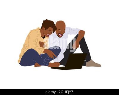 Mann und Frau sitzen mit Laptop isoliert auf weißem Hintergrund. Flache Cartoon-Vektor-Illustration. Stock Vektor