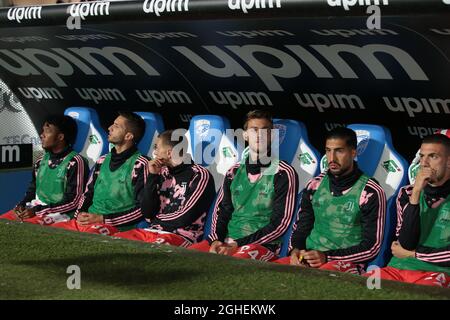 Juan Cuadrado, Rodrigo Bentancur, Federico Bernardeschi, Daniele Rugani, Emre Can und Merih Demiral von Juventus im Dugout während des Serie-A-Spiels im Stadio Mario Rigamonti, Brescia. Bilddatum: 24. September 2019. Bildnachweis sollte lauten: Jonathan Moscrop/Sportimage via PA Images Stockfoto