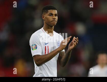 Marcus Rashford aus England applaudiert den Fans während des UEFA Euro 2020 Qualifying-Spiels im Wembley Stadium, London. Bilddatum: 14. November 2019. Bildnachweis sollte lauten: Paul Terry/Sportimage via PA Images Stockfoto
