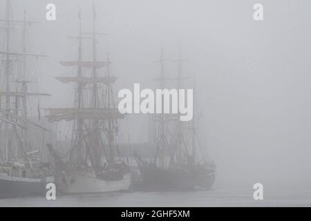 Saint John, NB, Kanada - hohe Schiffe dockten in Saint John Hafen auf einem nebligen Sagen. Nebel ist dicht und verbirgt teilweise die thee Schiffe. Stockfoto