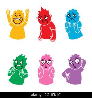 Rundes, abstraktes Gesicht mit verschiedenen Emotionen. Glücklich, wütend, fragend, erschrocken, traurig, Verlieben Sie sich in einen Emoji-Avatar. Cartoon-Stil. Flacher Vektor. Stock Vektor