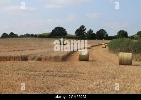 Feld, das am Sommertag in West Yorkshire, Großbritannien, von einem Mähdrescher mit unscharfer Luft und Wolken geerntet wird Stockfoto