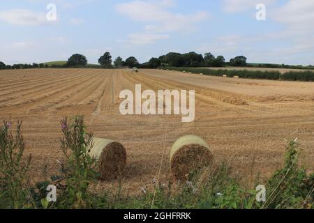 Feld, das am Sommertag in West Yorkshire, Großbritannien, von einem Mähdrescher mit unscharfer Luft und Wolken geerntet wird Stockfoto