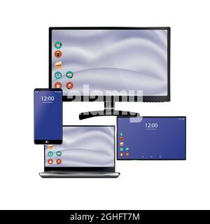 Set aus realistischem Laptop, Tablet und Mobiltelefon mit leerem Bildschirm. Isoliert auf weißem Hintergrund Stock Vektor