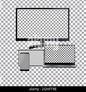Set aus realistischem Laptop, Tablet und Mobiltelefon mit leerem Bildschirm. Isoliert auf transparentem Hintergrund Stock Vektor
