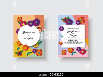 Hochzeitseinladung, Blumeneinladung danke, rsvp Modern Card Design: Paper Cut 3D Blumen. Stock Vektor