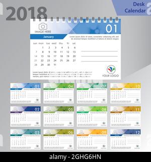 Tischkalender 2019. Einfache, farbenfrohe, minimalistisch-elegante Tischkalendervorlage mit weißem Hintergrund. Stock Vektor