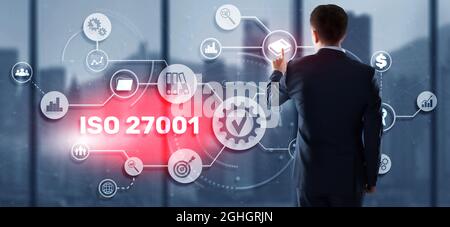 ISO 27001. Internationaler Informationssicherheitsstandard. Konzept der ISO-Normen Qualitätskontrolle Garantie. Stockfoto