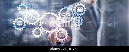 Python High Level Programmiersprache. Kommunikationstechnologie-Konzept. Stockfoto