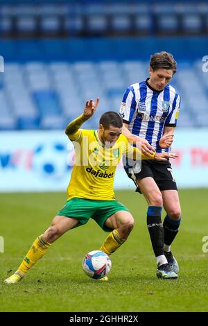 EMI Buendia von Norwich City und ADAM Reach von Sheffield am Mittwoch während des Sky Bet Championship-Spiels in Hillsborough, Sheffield. Bilddatum: 14. März 2021. Bildnachweis sollte lauten: Barry Coombs/Sportimage via PA Images Stockfoto