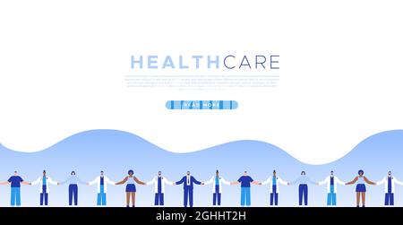 Health Care medizinische Web-Vorlage Illustration Konzept der verschiedenen Menschen halten die Hände mit Arzt Arbeitnehmer. Modernes flaches Cartoon-Design für Krankenhaus-lan Stock Vektor