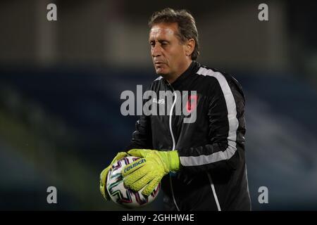 Ilir Bozhiqi, der Torwarttrainer der albanischen Nationalmannschaft beim Aufwärmen vor dem Spiel der FIFA-Weltmeisterschaft im San Marino Stadium, Serravalle. Bilddatum: 31. März 2021. Bildnachweis sollte lauten: Jonathan Moscrop/Sportimage via PA Images Stockfoto