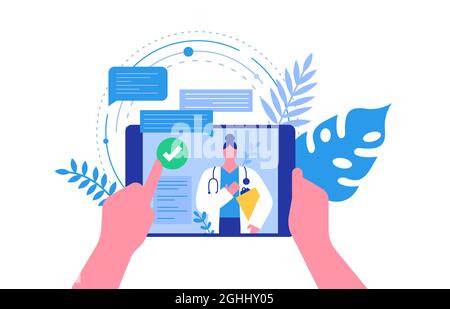 Moderne Arzt Beratung Online-App mit Patienten Hände halten Tablet-Gerät Bildschirm. Medizinische Untersuchung Videoanruf oder Krankenhaustermin von zu Hause aus auf IS Stock Vektor