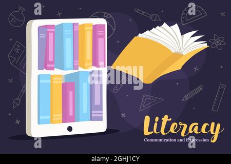 Alphabetisierung Grußkarte Illustration von bunten offenen Buch fliegen von der Handy-Bibliothek App in modernen flachen Cartoon-Stil. Online-Bildung oder E-Learning c Stock Vektor