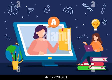 Junge Frau Student Charakter Lesebuch mit Lehrer in Online-Computer-Klasse, flache Cartoon-Illustration. E-Learning- oder Fernschulungskonzept. Stock Vektor