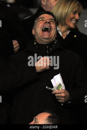 Blackburn Rovers-Manager Sam Allardyce lacht vor dem Carling Cup Semi Final 2nd Leg Match, Manchester United gegen Derby County. Stockfoto