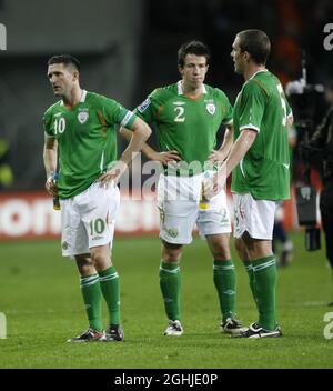 Robbie Keane, Irlands Republikaner, sieht nach dem Verlust von 1-0 beim FIFA-WM-Qualifikationsspiel 2010 zwischen der Republik Irland und Frankreich im Croke Park-Stadion in Dublin, Irland, unerschrocken aus. Stockfoto