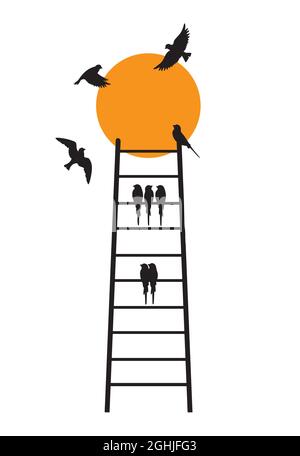 Fliegende Vögel Silhouetten auf Sonnenuntergang und Leiter, Vektor. Wandtattoos auf weißem Hintergrund isoliert. Wandkunst, Kunstwerke, kindliche Cartoon-Illustration Stock Vektor