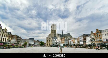 MECHELEN, BELGIEN - 12. Aug 2021: Beeindruckender und schöner Grote markt und die St. Rumbold-Kathedrale im Hintergrund in Mechelen, Belgien. Stockfoto