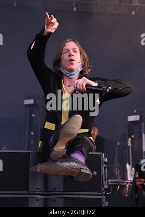 Napa, USA. September 2021. Matthew Shultz von Cage the Elephant tritt am 3. Tag des BottleRock Napa Valley Music Festival 2021 auf der Napa Valley Expo am 5. September 2021 in Napa, Kalifornien, auf. Foto von Casey Flanigan/ImageSPACE Credit: Imagespace/Alamy Live News Stockfoto