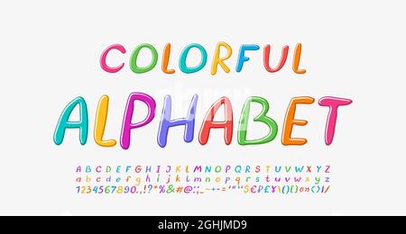 Helle, farbenfrohe und kursive Schrift. Lustige handgezeichnete Vektor-Buchstaben und Zahlen. Stock Vektor