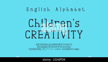 Handgezeichnete lineare Alphabet schwarze Farbe. Serifenschrift, Groß- und Kleinbuchstaben, Zahlen, Satzzeichen, Währungssymbole, mathematische Zeichen. Stock Vektor